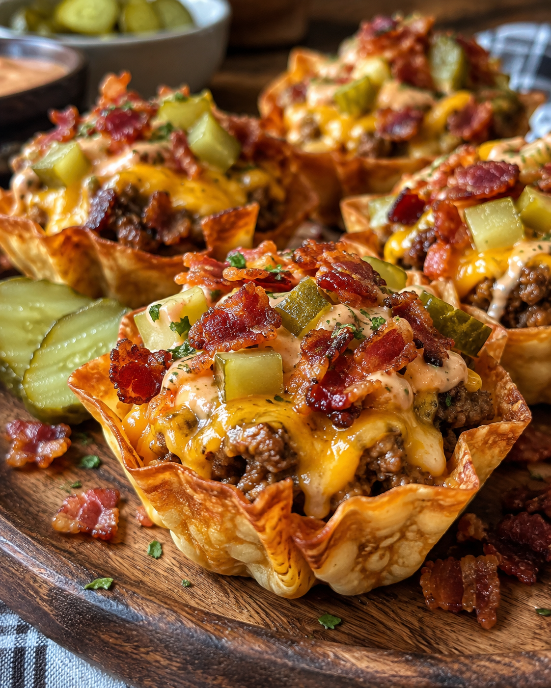 Crispy Double Bacon Cheeseburger Pickle Taco Cups
